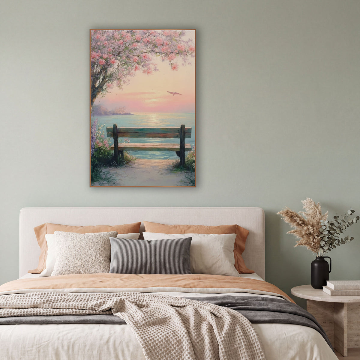 Blossom Bench Seaside Pastel Coastal wall art in a bright coastal-style room – pastel seascape of a wooden bench