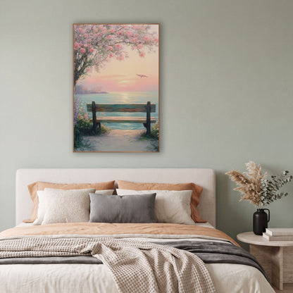 Blossom Bench Seaside Pastel Coastal wall art in a bright coastal-style room – pastel seascape of a wooden bench