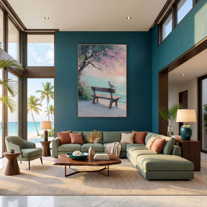 Seaside Bench Dove Pastel Coastal wall art in a bright coastal-style room – pastel scene of a dove on a weathered