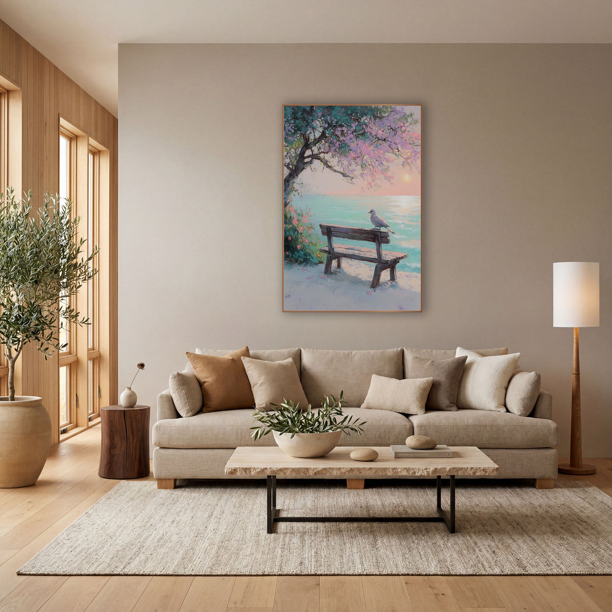 Seaside Bench Dove Pastel Coastal wall art in a bright coastal-style room – pastel scene of a dove on a weathered