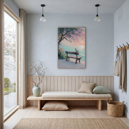 Seaside Bench Dove Pastel Coastal wall art in a bright coastal-style room – pastel scene of a dove on a weathered