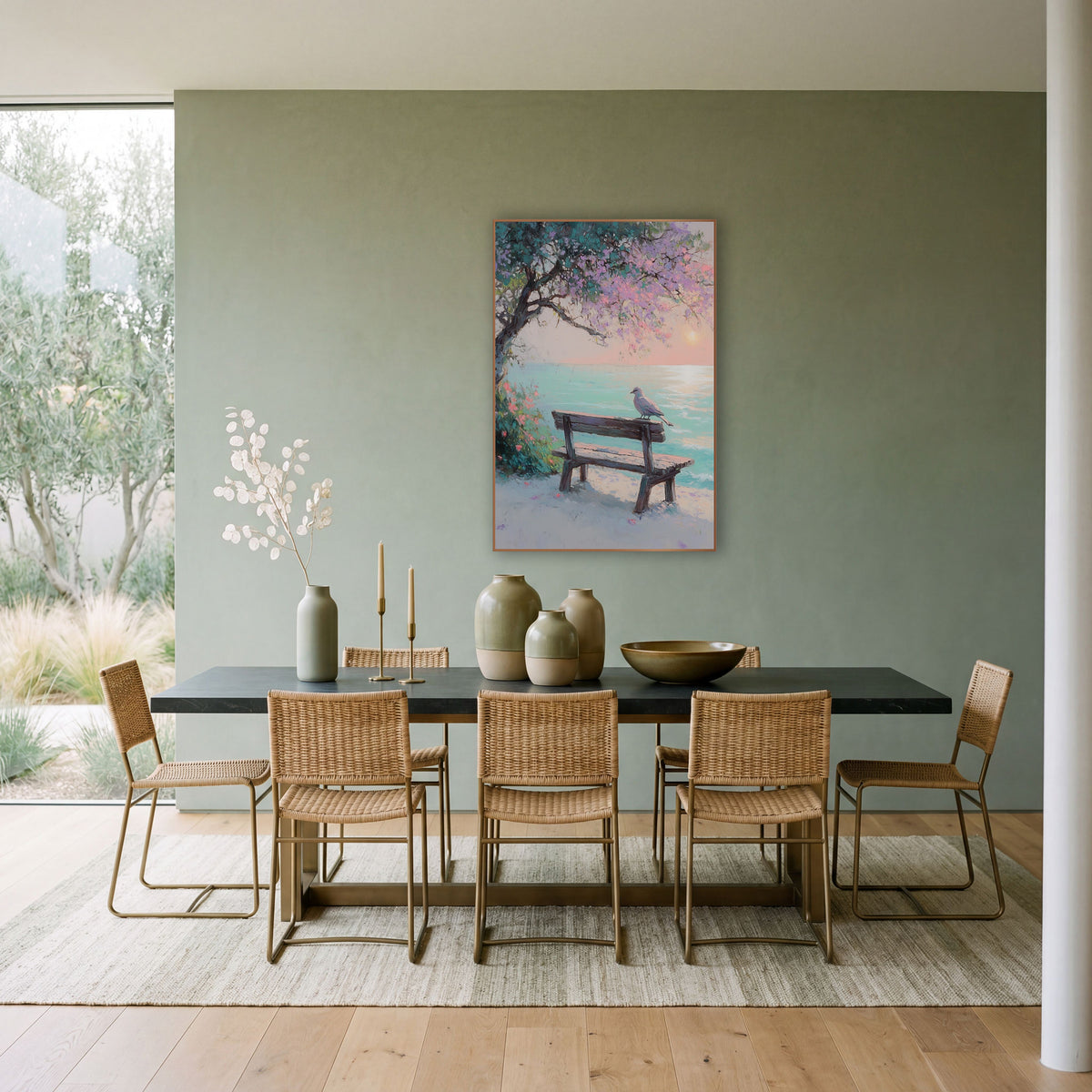 Seaside Bench Dove Pastel Coastal wall art in a bright coastal-style room – pastel scene of a dove on a weathered