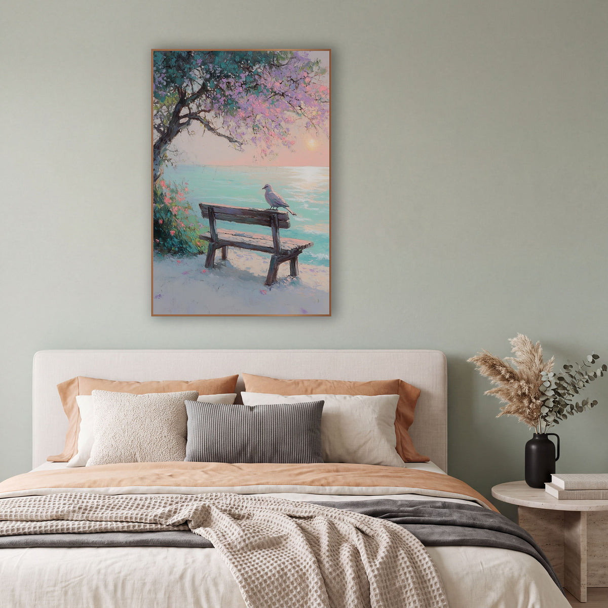 Seaside Bench Dove Pastel Coastal wall art in a bright coastal-style room – pastel scene of a dove on a weathered