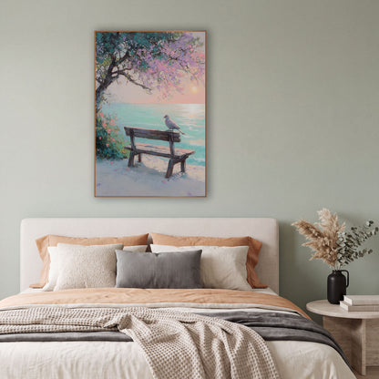 Seaside Bench Dove Pastel Coastal wall art in a bright coastal-style room – pastel scene of a dove on a weathered