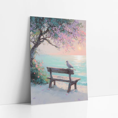 Seaside Bench Dove Pastel Coastal art print leaning against a white wall – pastel scene of a dove on a weathered bench