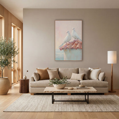 Doves Gazing Outward Pastel Coastal wall art in a bright coastal-style room – two white doves perched on a terracotta