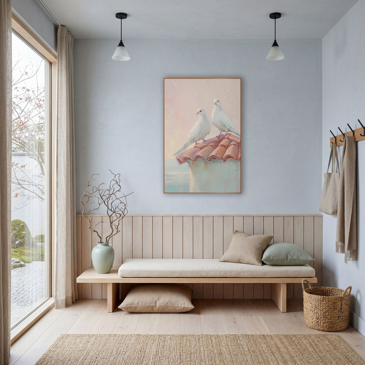 Doves Gazing Outward Pastel Coastal wall art in a bright coastal-style room – two white doves perched on a terracotta