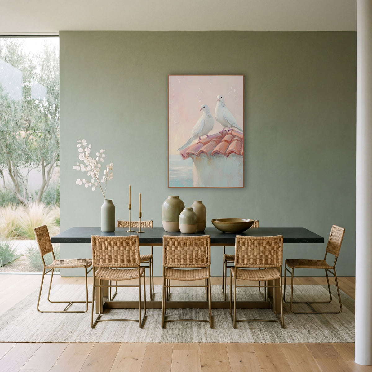 Doves Gazing Outward Pastel Coastal wall art in a bright coastal-style room – two white doves perched on a terracotta