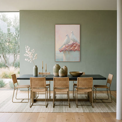 Doves Gazing Outward Pastel Coastal wall art in a bright coastal-style room – two white doves perched on a terracotta
