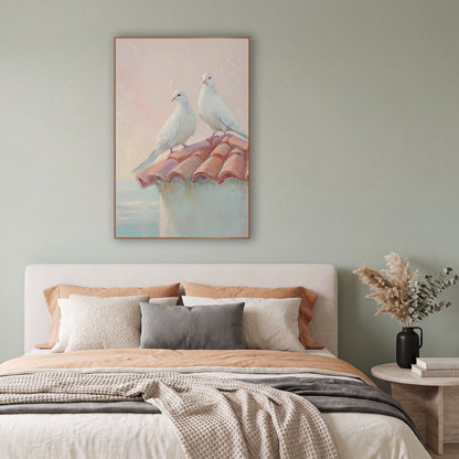 Doves Gazing Outward Pastel Coastal wall art in a bright coastal-style room – two white doves perched on a terracotta