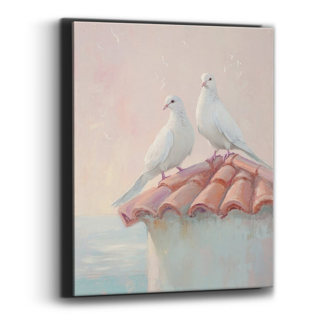 Doves Gazing Outward Pastel Coastal Canvas Wall Art
