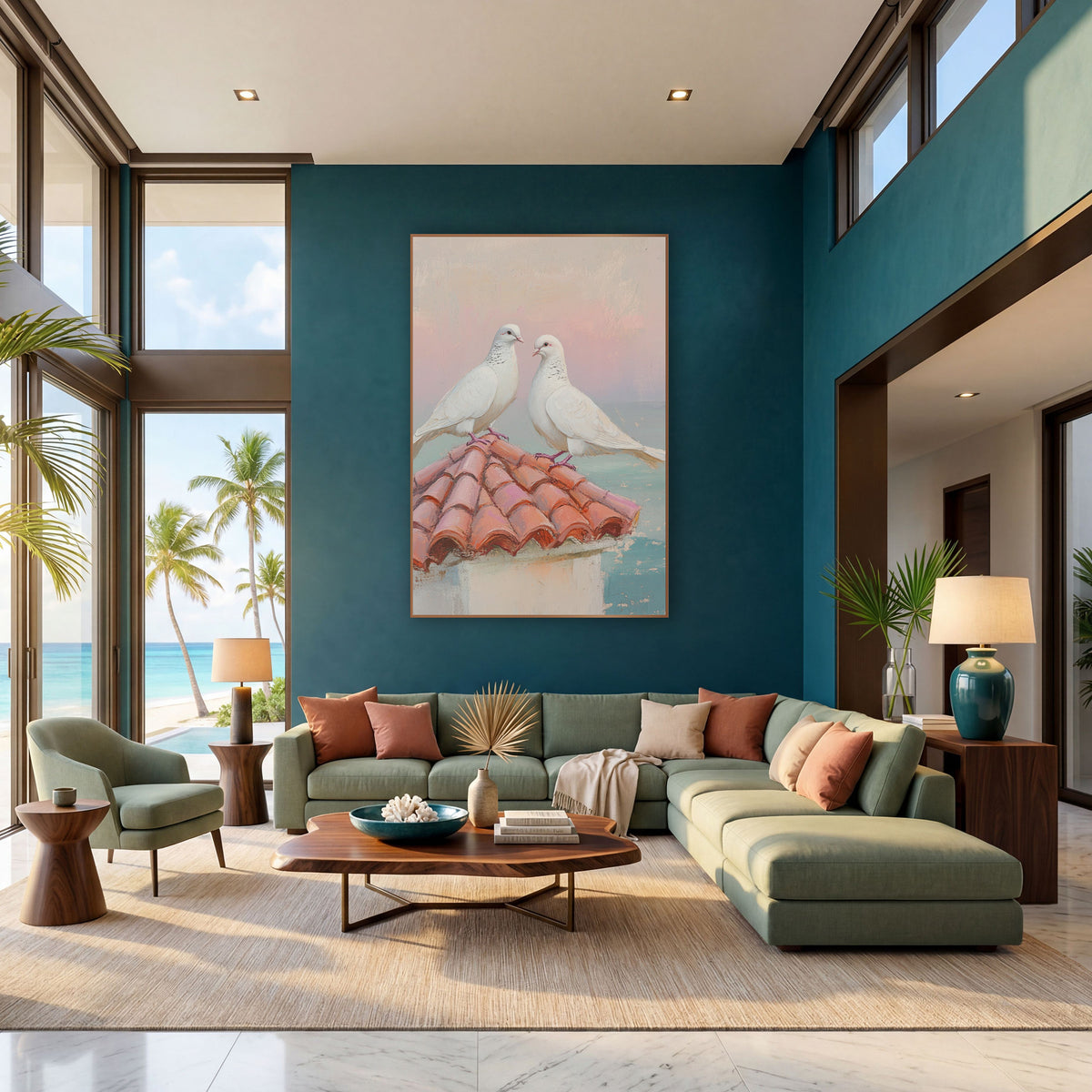 Doves Meeting Beaks Coastal Pastel wall art in a bright coastal-style room – two white doves perched on a terracotta
