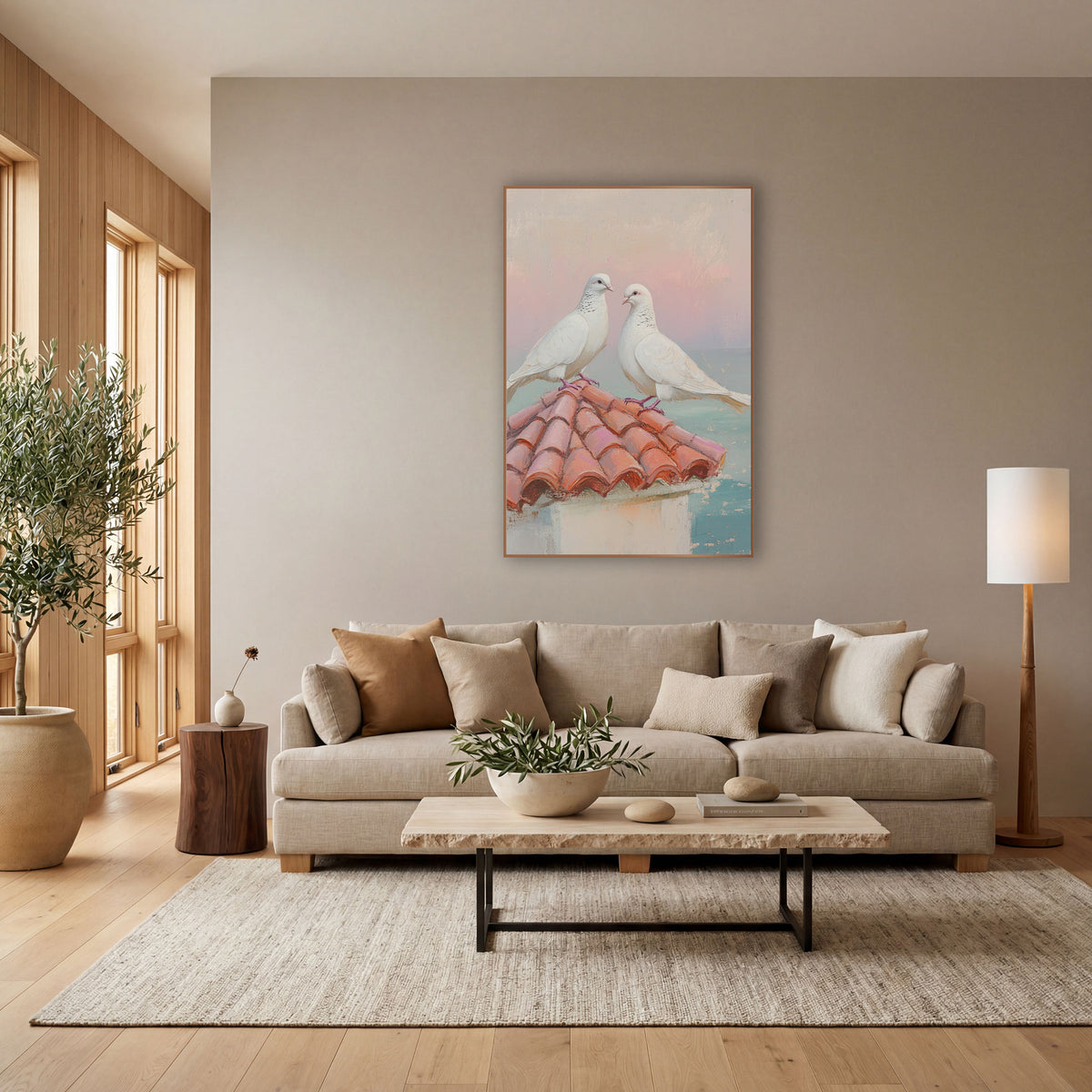 Doves Meeting Beaks Coastal Pastel wall art in a bright coastal-style room – two white doves perched on a terracotta