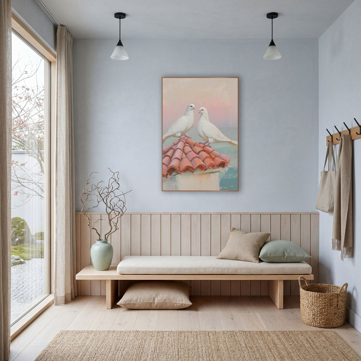 Doves Meeting Beaks Coastal Pastel wall art in a bright coastal-style room – two white doves perched on a terracotta