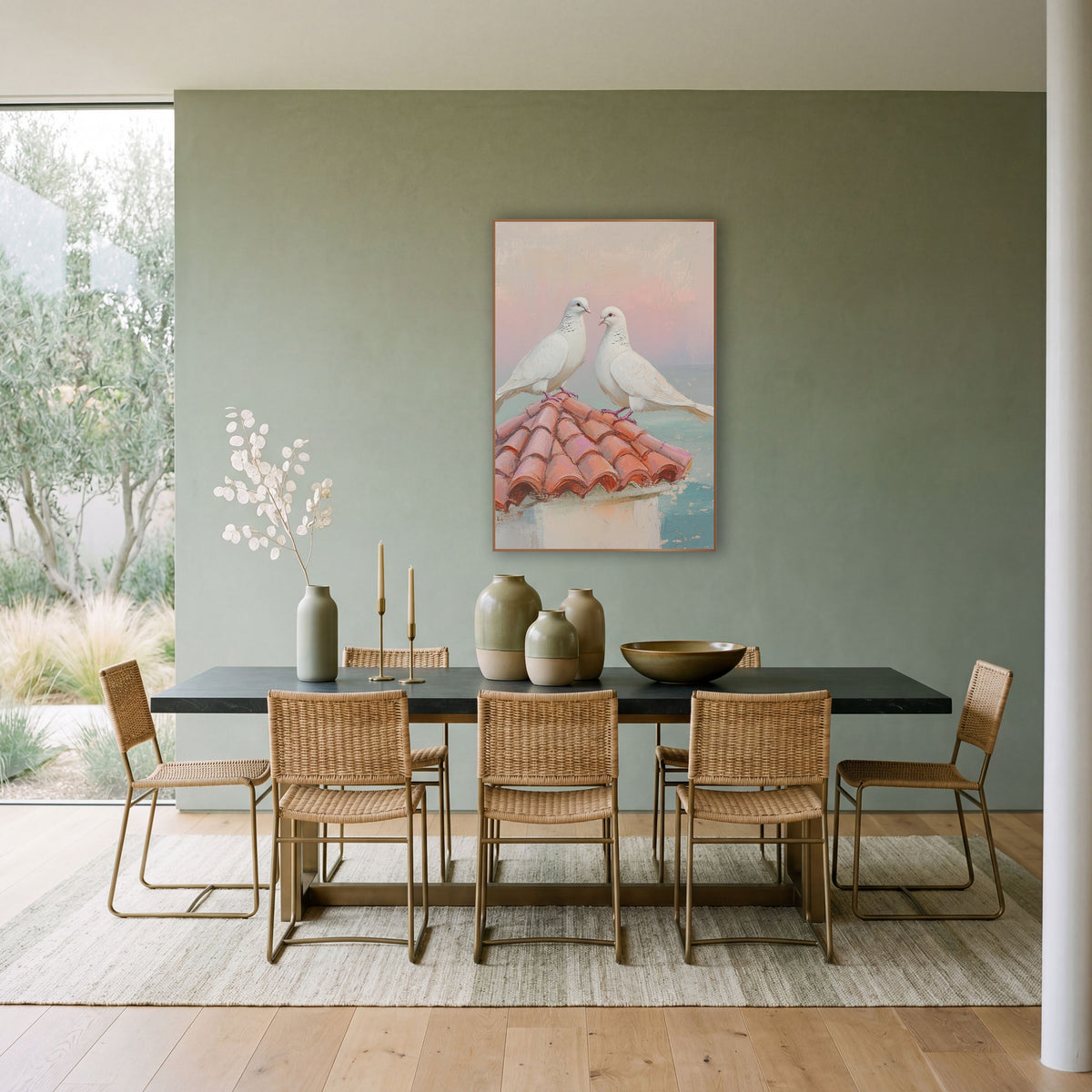 Doves Meeting Beaks Coastal Pastel wall art in a bright coastal-style room – two white doves perched on a terracotta