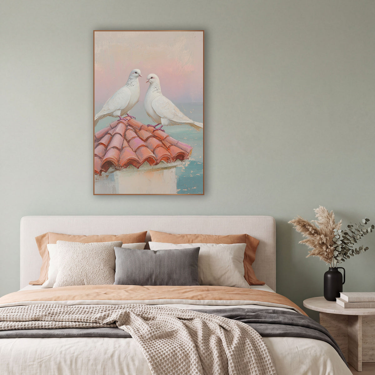 Doves Meeting Beaks Coastal Pastel wall art in a bright coastal-style room – two white doves perched on a terracotta