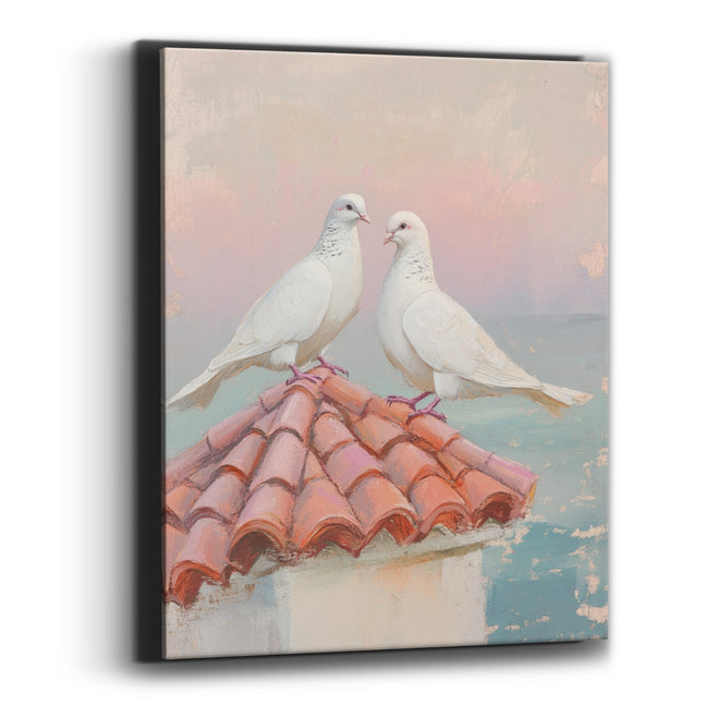 Doves Meeting Beaks Coastal Pastel Canvas Wall Art