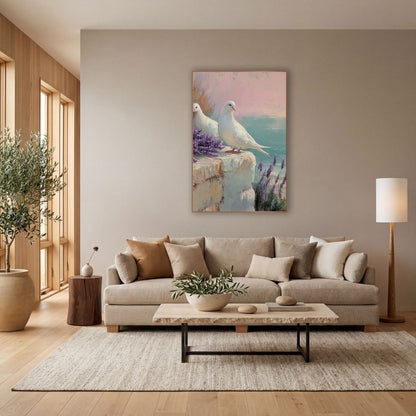 White Doves Lavender Coastal Pastel wall art in a bright coastal-style room – two white doves on a stone ledge