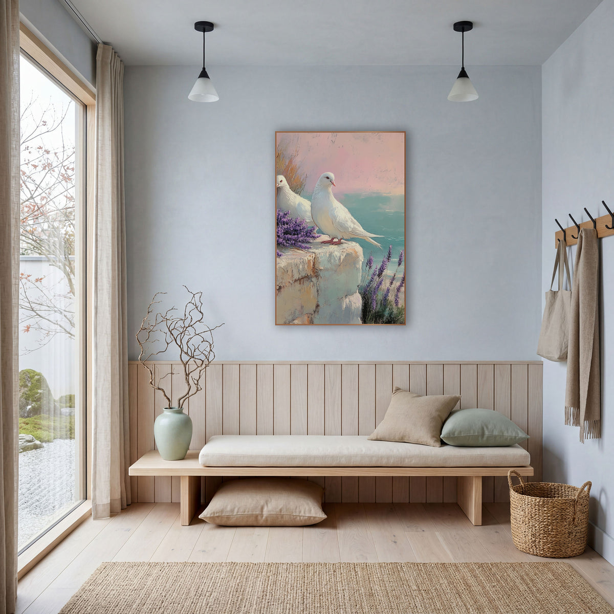 White Doves Lavender Coastal Pastel wall art in a bright coastal-style room – two white doves on a stone ledge