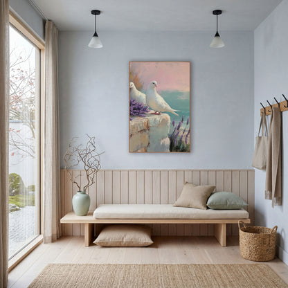 White Doves Lavender Coastal Pastel wall art in a bright coastal-style room – two white doves on a stone ledge