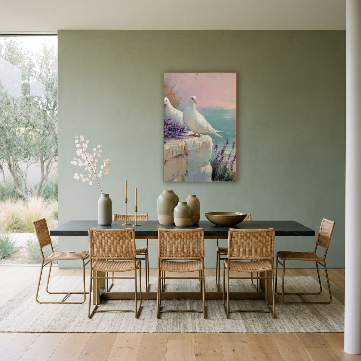 White Doves Lavender Coastal Pastel wall art in a bright coastal-style room – two white doves on a stone ledge