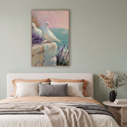 White Doves Lavender Coastal Pastel wall art in a bright coastal-style room – two white doves on a stone ledge