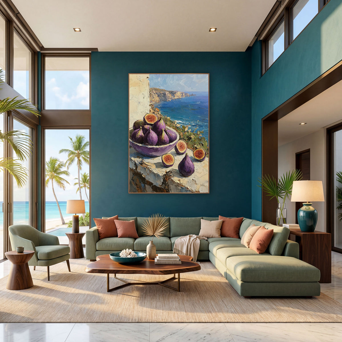 Purple Fig Seaside Still Life wall art in a bright coastal-style room – purple figs in a bowl and halved figs