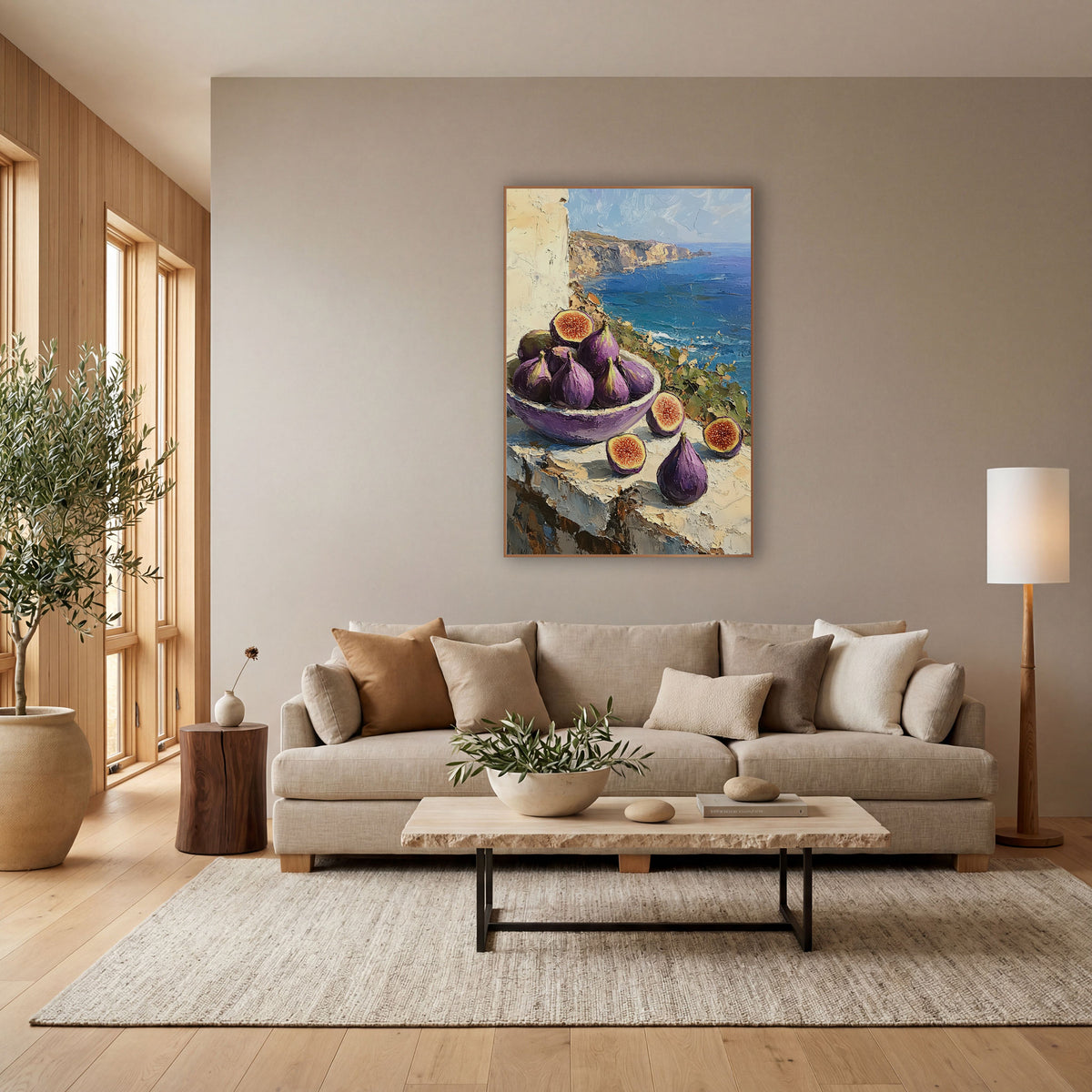 Purple Fig Seaside Still Life wall art in a bright coastal-style room – purple figs in a bowl and halved figs