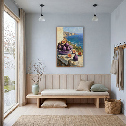 Purple Fig Seaside Still Life wall art in a bright coastal-style room – purple figs in a bowl and halved figs