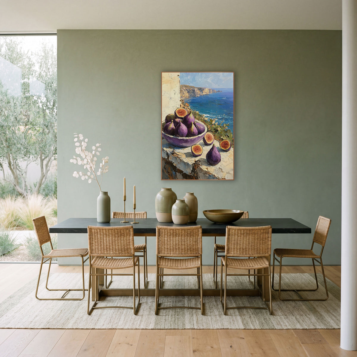 Purple Fig Seaside Still Life wall art in a bright coastal-style room – purple figs in a bowl and halved figs