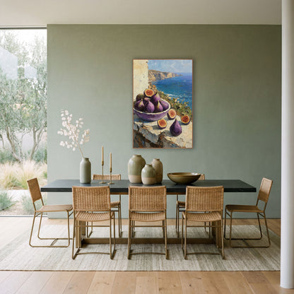Purple Fig Seaside Still Life wall art in a bright coastal-style room – purple figs in a bowl and halved figs
