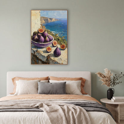 Purple Fig Seaside Still Life wall art in a bright coastal-style room – purple figs in a bowl and halved figs