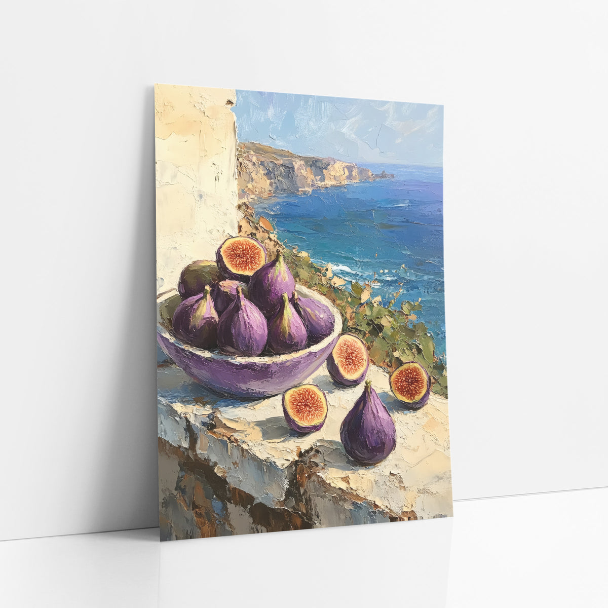 Purple Fig Seaside Still Life art print leaning against a white wall – purple figs in a bowl and halved figs on a stone