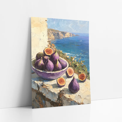 Purple Fig Seaside Still Life art print leaning against a white wall – purple figs in a bowl and halved figs on a stone
