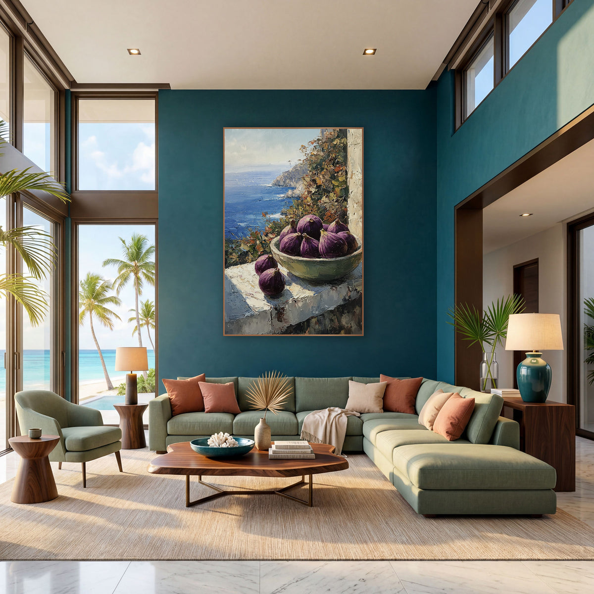 Purple Figs Coastal Window Still Life wall art in a bright coastal-style room – bowl of purple figs on a sunlit stone