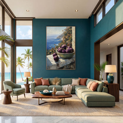 Purple Figs Coastal Window Still Life wall art in a bright coastal-style room – bowl of purple figs on a sunlit stone