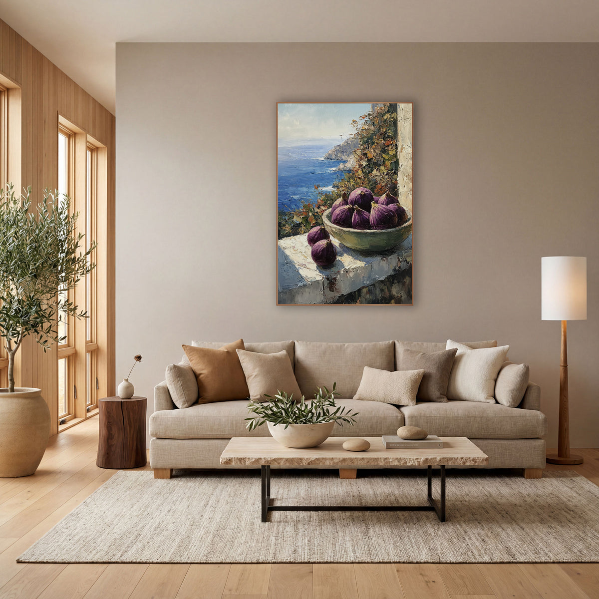 Purple Figs Coastal Window Still Life wall art in a bright coastal-style room – bowl of purple figs on a sunlit stone