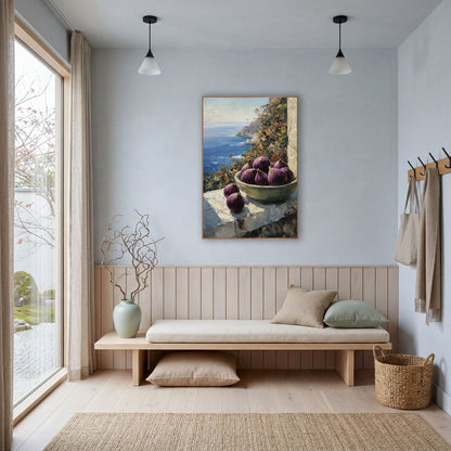Purple Figs Coastal Window Still Life wall art in a bright coastal-style room – bowl of purple figs on a sunlit stone