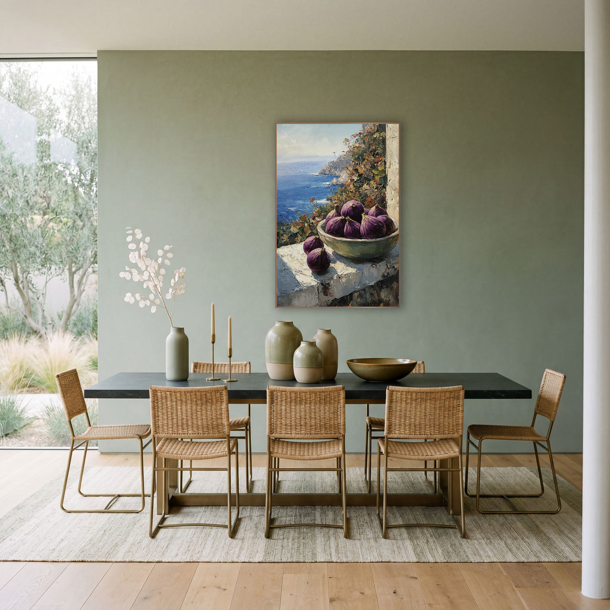 Purple Figs Coastal Window Still Life wall art in a bright coastal-style room – bowl of purple figs on a sunlit stone