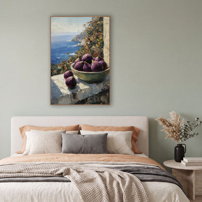 Purple Figs Coastal Window Still Life wall art in a bright coastal-style room – bowl of purple figs on a sunlit stone