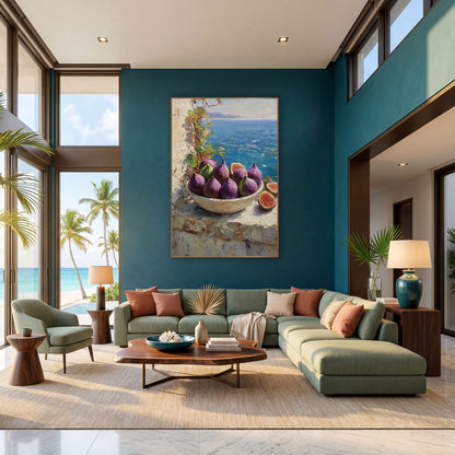 Purple Figs Bowl Terrace Coastal wall art in a bright coastal-style room – bowl of purple figs and two halved figs