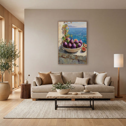 Purple Figs Bowl Terrace Coastal wall art in a bright coastal-style room – bowl of purple figs and two halved figs