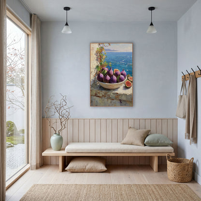 Purple Figs Bowl Terrace Coastal wall art in a bright coastal-style room – bowl of purple figs and two halved figs