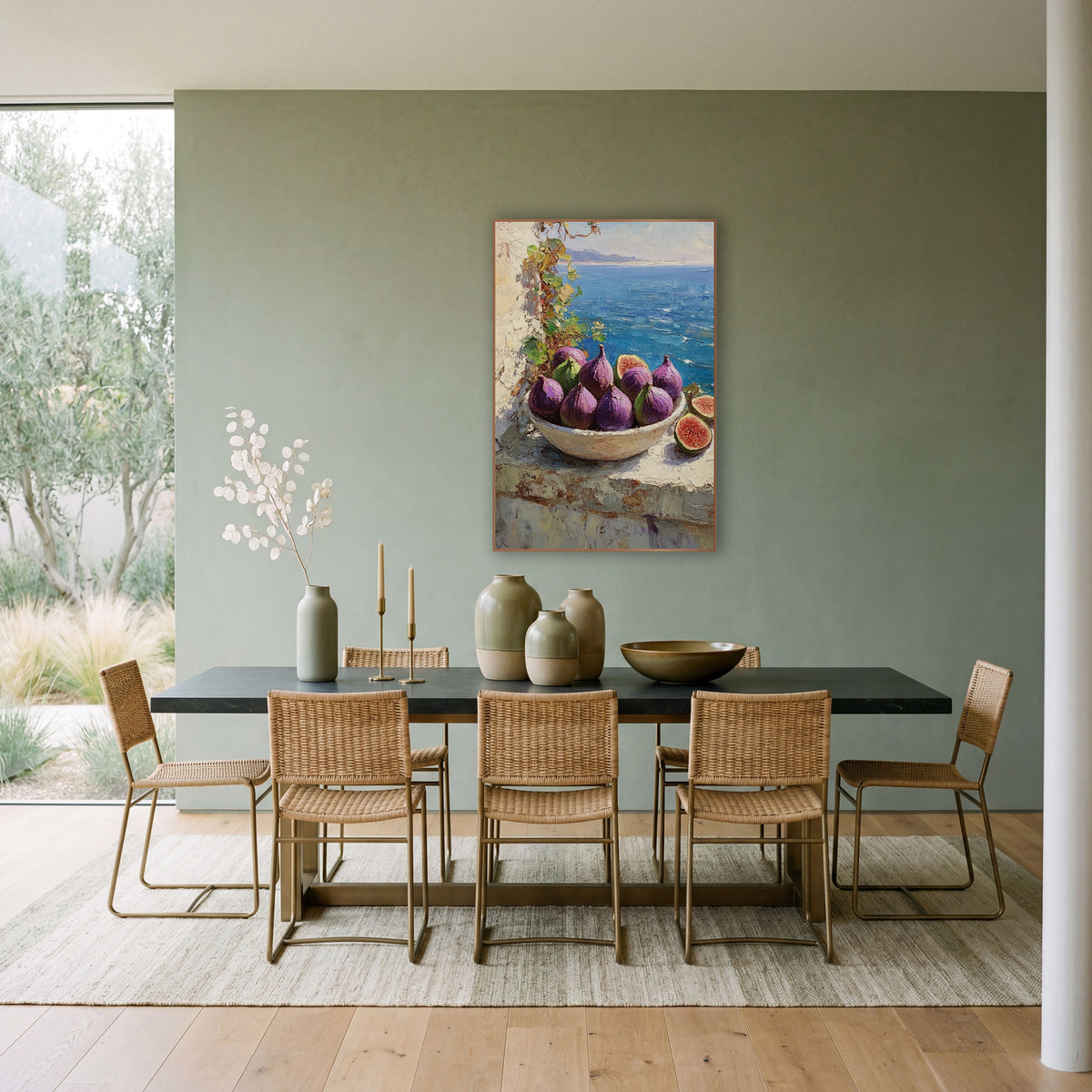 Purple Figs Bowl Terrace Coastal wall art in a bright coastal-style room – bowl of purple figs and two halved figs