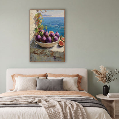Purple Figs Bowl Terrace Coastal wall art in a bright coastal-style room – bowl of purple figs and two halved figs