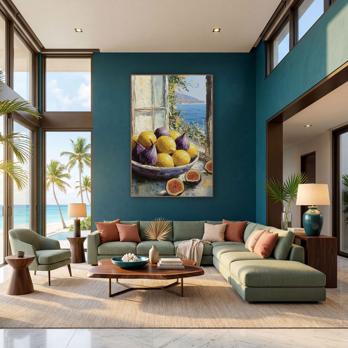 Figs and Lemons Coastal Still Life wall art in a bright coastal-style room – bowl of purple figs and yellow lemons