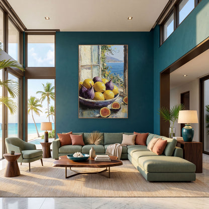 Figs and Lemons Coastal Still Life wall art in a bright coastal-style room – bowl of purple figs and yellow lemons