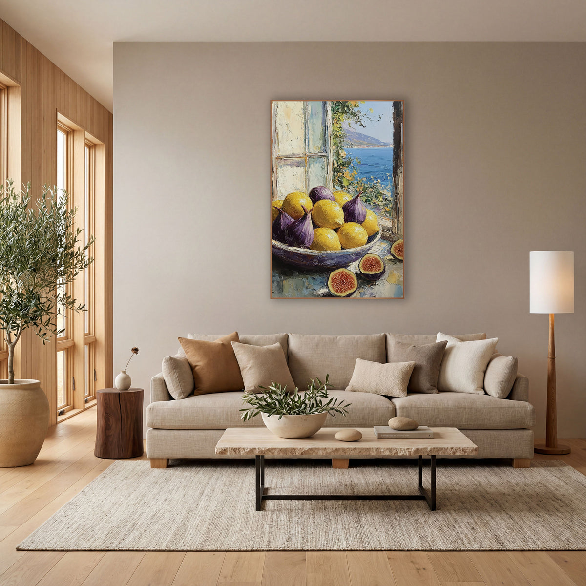 Figs and Lemons Coastal Still Life wall art in a bright coastal-style room – bowl of purple figs and yellow lemons