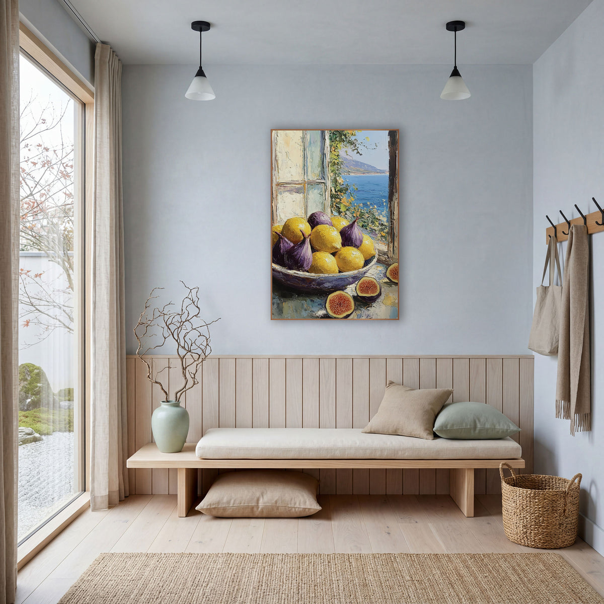 Figs and Lemons Coastal Still Life wall art in a bright coastal-style room – bowl of purple figs and yellow lemons