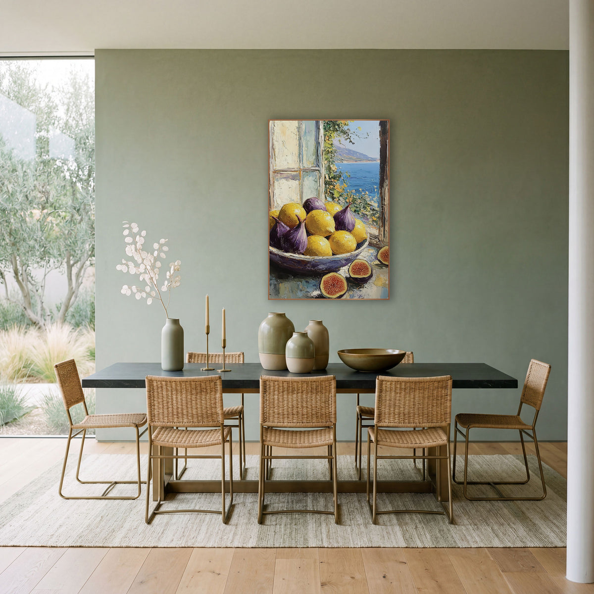Figs and Lemons Coastal Still Life wall art in a bright coastal-style room – bowl of purple figs and yellow lemons
